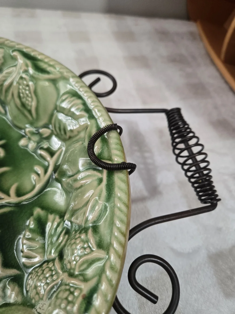 VintageGreen Round Floral Ceramic Tray 15 in w/ Black Metal Stand Handles Glossy